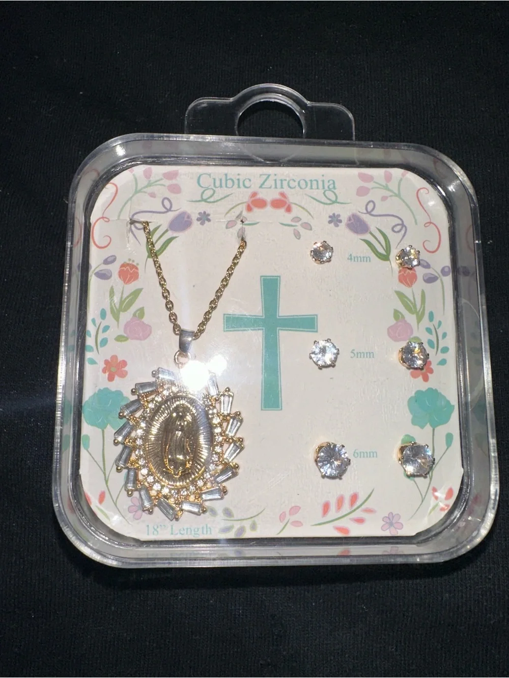 Virgin Mary Oval Pendant Necklace & CZ Stud Set — Gold Tone, 18